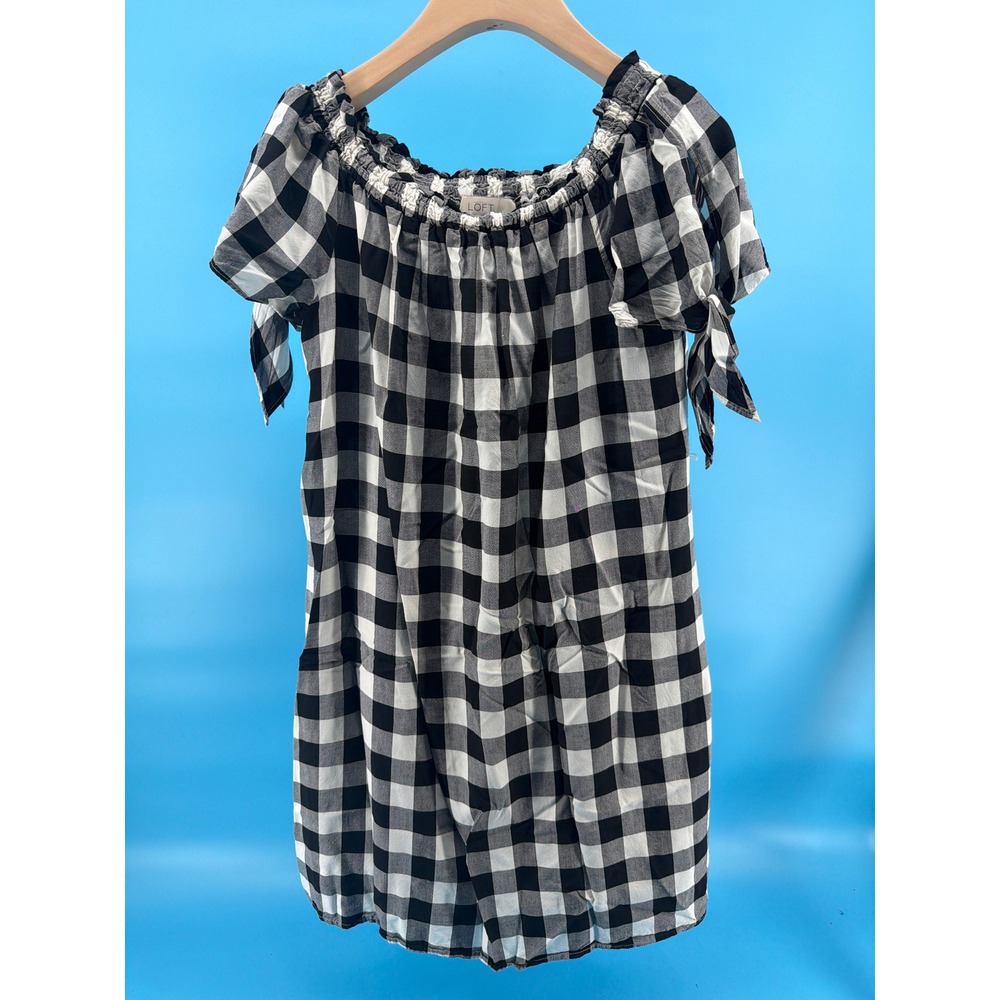 Loft Black White Buffalo Plaid Off Shoulder Tie Sleeve Top Blouse Medium